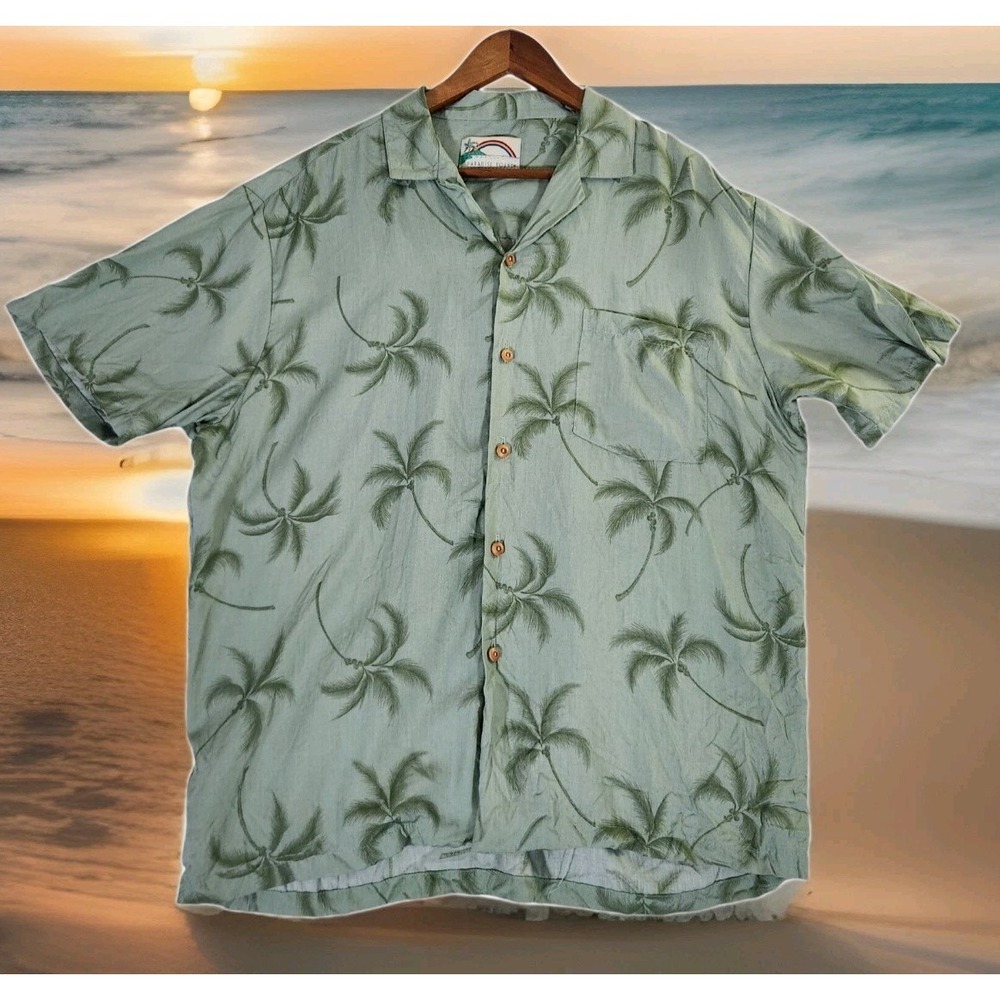 VTG Paradise Found Hawaiian Shirt Men's XL Green Short Sleeve Palm Trees Rayon